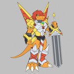 anthro armor belt claws green_eyes hair male melee_weapon muscular muscular_anthro muscular_male pecs red_hair solo sword weapon ridgeone1 bandai_namco digimon digimon_(species) scalie victorygreymon 1:1 hi_res