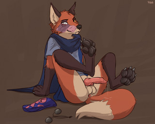 amber_eyes anatomically_correct anatomically_correct_genitalia anatomically_correct_penis animal_genitalia animal_penis anthro balls black_nose black_pawpads blind_eye bodily_fluids bolas bottomless brown_body brown_fur canine_genitalia canine_penis cape claws clothed clothing digitigrade dripping facial_scar feet foot_focus fur genital_fluids genitals gloves_(marking) grey_eyes knot leg_markings looking_at_viewer male markings mask mask_off notched_ear pawpads paws penis precum precum_drip presenting presenting_balls presenting_penis raised_paw red_body red_fur scar sitting smile smiling_at_viewer smirk socks_(marking) solo white_body white_fur ruth66 nelvana redwall slagar_the_cruel canid canine fox mammal 2025 5:4 hi_res