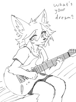 5-string_bass_guitar anthro bass_guitar female guitar musical_instrument plucked_string_instrument simple_background sitting solo string_instrument text eneki_sei canid canine canis mammal wolf 3:4 monochrome sketch
