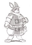 anthro belly biped clothed clothing humanoid_hands overweight simple_background solo apricotsammi lagomorph leporid mammal rabbit 2022 hi_res