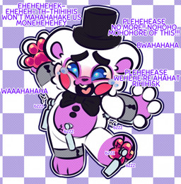 anthro begging_to_stop bodily_fluids bow_tie buckteeth clothing crying_laughing dialogue feet foot_fetish hat headgear headwear laugh machine male pawpads restrained_arms restraints solo tears teeth text tickle_torture tickling tickling_armpits tickling_belly tickling_feet top_hat conditional_dnp tuvandalist helpy_(fnaf) bear mammal robot hi_res