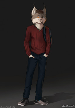 anthro backpack brown_hair clothing dark_pants footwear grey_background hair male red_clothing red_sweater red_topwear shoes short_hair simple_background smile smirk sneakers solo standing sweater text topwear yellow_eyes xleb0rezka rocky_(xleb0rezka) felid feline lynx mammal digital_media_(artwork) hi_res url