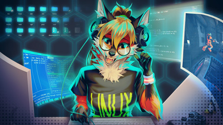 anthro blonde_hair clothing computer controller electronics eyewear fangs female gaming glasses hair headphones keyboard lgbt_pride looking_at_viewer monitor pride_colors round_glasses shirt solo teeth terminal_display text text_on_clothing text_on_shirt text_on_topwear tied_hair topwear transgender_pride_colors wearing_glasses wristband dancrescentwolf linux tux_(linux) xenia_(linux) canid canine fox mammal red_fox true_fox 16:9 digital_drawing_(artwork) digital_media_(artwork) english_text hi_res wallpaper widescreen trans_(lore) trans_woman_(lore)