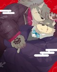 anthro bow_tie cuddling duo eyebrows fur grey_body grey_fur hair male male/male necktie pawpads pinstripe_suit ponytail scar sleeping slightly_chubby thick_eyebrows cocobucker lifewonders tokyo_afterschool_summoners moritaka_(tas) shino_(tas) canid canine canis domestic_dog mammal hi_res