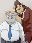 anthro bodily_fluids bottomwear clothing duo grey_body horn humanoid_hands kemono male necktie overweight overweight_male pants shirt size_difference sweat topwear train_(artist) felid lion mammal pantherine rhinoceros 2021 3:4