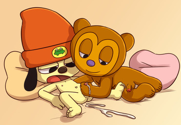 anthro balls bodily_fluids clothing cum duo genital_fluids genitals handjob hat headgear headwear male male/male nipples nude penile penis sex young young_anthro young_male polygon5 parappa_the_rapper sony_corporation sony_interactive_entertainment parappa pj_berri bear canid canine canis domestic_dog mammal digital_media_(artwork)