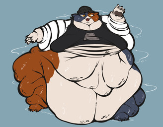 5_fingers anthro beanie belly big_belly blue_body blue_fur bodily_fluids bodily_fluids_pool bottomless breasts brown_body brown_fur cellulite chubby_cheeks claws clothed clothing double_chin fangs fat_arms fat_legs fat_rolls female fingers fur hat headgear headwear huge_belly morbidly_obese morbidly_obese_anthro morbidly_obese_female multicolored_body multicolored_fur obese obese_anthro obese_female open_mouth open_smile overweight overweight_anthro overweight_female pawpads puddle sagging_breasts simple_background smile solo sweat teeth white_body white_fur yellow_eyes smokii epic_games fortnite meow_skulls calico_cat domestic_cat felid feline felis mammal hi_res