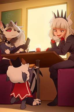 ambiguous_gender anthro beverage cafe cellphone diner electronics female food group on_one_leg phone restaurant size_difference smartphone smile standing trio maxvines4 cult_of_the_lamb hellaverse helltaker helluva_boss massive_monster_(studio) mythology lamb_(cult_of_the_lamb) loona_(helluva_boss) lucifer_(helltaker) bovid canid canid_demon canine canis caprine demon hellhound human mammal mythological_canine mythological_creature sheep wolf absurd_res crossover hi_res
