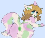 anthro anus balls bent_over biped blonde_hair blue_eyes butt femboy fluffy fluffy_tail fur genitals green_anus green_mouth green_nose hair inner_ear_fluff long_hair looking_at_viewer looking_back male open_mouth pink_body pink_fur presenting presenting_hindquarters raised_tail solo tail tail_anus tuft cornymember collin_(dafloofycaptain) calico_cat domestic_cat felid feline felis mammal hi_res