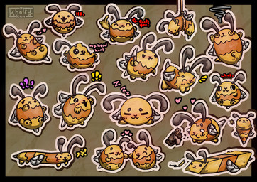 ambiguous_gender antennae_(anatomy) blush candy chocolate dessert feral food fur glistening group looking_at_viewer open_mouth silly silly_face simple_background smile squish tail text wings yellow_body khalfy_kun arthropod bee canid canine canis domestic_dog hybrid hymenopteran insect mammal pup_bee absurd_res hi_res