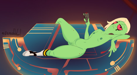 4_fingers areola breasts clothing controller eyebrows female fingers footwear footwear_only freckled_chest freckled_face freckled_hips freckled_legs freckled_thighs freckles genitals green_areola green_body green_skin hair half-closed_eyes lying mostly_nude narrowed_eyes navel nipples non-mammal_nipples noseless not_furry nude nude_female on_back pussy_stubble reclining red_eyes remote_control shoes shoes_only small_breasts sneakers sneakers_only sneakers_without_bottomwear socks socks_only solo thick_thighs vulva white_hair stitchwool disney wander_over_yonder lord_dominator alien alien_humanoid humanoid absurd_res hi_res