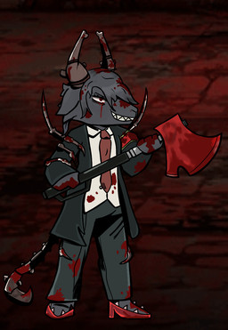 anthro axe blood blood_on_clothing bodily_fluids clothing fangs female footwear grin high_heels horn red_clothing red_eyes red_footwear red_shoes shoes smile solo suit tail teeth apollo_caelum_(artist) limbus_company project_moon natasha_goety red_shoes_(project_moon) bovid caprine demon goat mammal digital_media_(artwork)