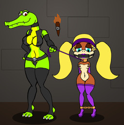 anthro duo female female/female nidrog donkey_kong_(series) nintendo tiny_kong ape crocodile crocodilian haplorhine kong kremling mammal primate reptile scalie hi_res