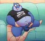 anthro balls belly big_belly blue_body blush erection eyes_closed furniture genitals humanoid_genitalia humanoid_penis male navel overweight overweight_male penis red_nose sitting sofa solo leothelionel the_human_heart_(game) dylan_ramos eulipotyphlan mammal mole_(animal) 2022