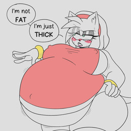 anthro belly big_belly clothing dialogue dress female green_eyes huge_belly navel obese obese_female overweight overweight_female panties solo speech_bubble text thick_thighs underwear white_clothing white_panties white_underwear unknown_artist sega sonic_the_hedgehog_(series) amy_rose eulipotyphlan hedgehog mammal english_text hi_res