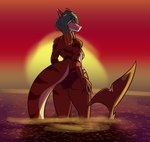 anthro breasts butt clothed clothing female hair nails one-piece_swimsuit simple_background sky smile solo sunset swimwear tail water marshbreeze fish humanoid marine shark digital_media_(artwork) hi_res