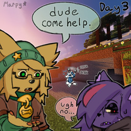 anklet anthro bodily_fluids clothing crying dialogue facial_markings fur grass green_eyes group head_markings jewelry male markings outside plant pupils purple_body purple_fur red_eyes screencap screencap_background shovel slit_pupils speech_bubble sweater tears text tools topwear trio white_body white_fur yellow_body yellow_fur marpystar microsoft minecraft mojang xbox_game_studios meany_(marpystar) mello_(marpystar) mewt_(marpystar) canid canine canis domestic_cat felid feline felis lagomorph leporid mammal rabbit wolf 1:1