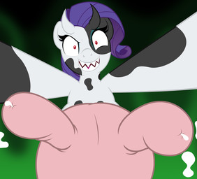 bodily_fluids feral first_person_view hair lactating milk purple_hair red_eyes sharp_teeth smile solo teats teeth badumsquish friendship_is_magic hasbro my_little_pony raricow_(mlp) rarity_(mlp) bovid bovine cattle equid equine hybrid mammal absurd_res hi_res
