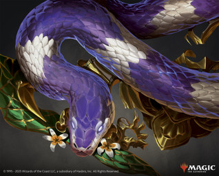 ambiguous_gender black_background detailed_scales feral flower glowing glowing_eyes mouth_closed multicolored_body multicolored_scales plant purple_body purple_scales scales simple_background solo text two_tone_body two_tone_scales white_body white_scales kevin_glint hasbro magic:_the_gathering wizards_of_the_coast reptile scalie snake detailed digital_media_(artwork) english_text hi_res official_art