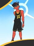 3:4 abstract_background anthro anthrofied bottomwear clothed clothing fully_clothed fuze generation_7_pokemon hi_res lucas_(fuze) male nintendo pokemon pokemon_(species) pokemorph shirt shorts solo tank_top topwear torracat