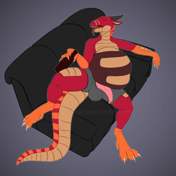 abdominal_bulge alcohol ambiguous_gender ambiguous_prey anthro balls_outline beer beverage bodily_fluids bottle bulge clothing container detailed_bulge drooling drunk eyes_closed furniture genital_outline genitals gloves_(marking) half-erect horn lying male male_pred markings on_back on_sofa orange_body orange_scales orange_stripes penis penis_poking_out red_body red_scales red_stripes saliva scales sleeping sofa solo striped_markings striped_tail stripes substance_intoxication tail tail_markings teeth thick_thighs tongue tongue_out unconscious underwear vore solidscale_(artist) mythology dragon mythological_creature mythological_scalie scalie 1:1 hi_res