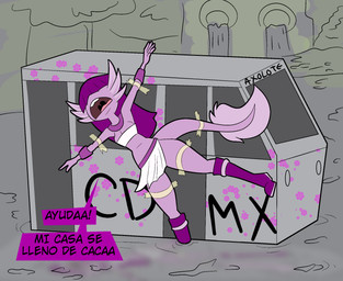 anthro arms_tied boots bound clothing female flood footwear legs_tied mexico purple_body shoes solo tail text train vehicle yerolay amphibian aquatic axolotl axolotl_humanoid mole_salamander salamander digital_drawing_(artwork) digital_media_(artwork) hi_res spanish_text translated