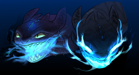 ambiguous_gender black_body black_scales blue_fire breath_powers colored_fire elemental_manipulation feral fire fire_breathing fire_eyes fire_manipulation gradient_background green_eyes open_mouth scales sharp_teeth simple_background solo teeth rivashell dreamworks european_mythology how_to_train_your_dragon mythology toothless dragon fury_(httyd) mythological_creature mythological_scalie night_fury scalie western_dragon cool_colors headshot_portrait hi_res portrait shaded