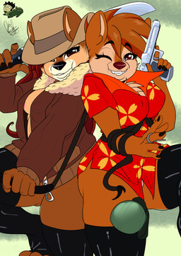 5_fingers aloha_shirt anthro areola areola_slip barely_visible_genitalia barely_visible_nipples barely_visible_vulva big_breasts biped black_nose breasts brown_body brown_clothing brown_eyes brown_fur brown_jacket brown_topwear clothed clothing crossgender desert_eagle duo fedora female fingers fur genitals grin gun handgun hat headgear headwear holding_object holding_weapon humanoid_hands ineffective_clothing jacket looking_at_viewer machete melee_weapon mtf_crossgender nipple_outline nipples one_eye_closed pattern_clothing pattern_shirt pattern_topwear pistol ranged_weapon red_nose shirt side_by_side skimpy smile tan_body tan_fur topwear vulva weapon whip wink gabocomics chip_'n_dale_rescue_rangers disney chip_(disney) dale_(disney) chipmunk ground_squirrel mammal rodent sciurid 2021 alternate_version_at_source signature