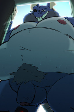 anthro balls belly big_belly blue_body flaccid foreskin fupa genitals grin humanoid_genitalia humanoid_penis kemono looking_at_viewer low-angle_view male mature_male moobs nipples nude overweight overweight_male penis pubes smile solo leothelionel the_human_heart_(game) tony_ramos mammal murid murine rat rodent 2025 hi_res