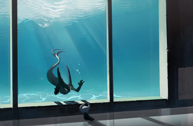 2_horns ambiguous_gender anthro aquarium bubble cloak clothing duo glowing glowing_eyes horn inside inside_looking_out light light_beam long_tail shadow shadow_face size_difference sunbeam sunlight swimming tail underwater vivarium water window milktea25424633 hollow_knight_(franchise) team_cherry hollow_knight_(character) the_knight_(hollow_knight) vessel_(species) 2026 digital_media_(artwork) digital_painting_(artwork) hi_res painting_(artwork)