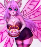 ahoge anthro blue_eyes breasts cake candle cleavage clothed clothing dessert eyelashes female food fur hair looking_at_viewer purple_hair smile solo wings adorableinall mariah_veiethe canid canine canis mammal wolf digital_media_(artwork) hi_res