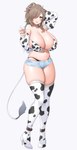 animal_print big_breasts blush bottomwear breasts cleavage clothed clothing cow_print daisy_dukes denim denim_bottomwear denim_clothing denim_shorts female hair hair_over_eye hotpants huge_breasts legwear navel one_eye_obstructed panties shorts solo teasing thigh_highs underwear suruga_(xsurugax) animal_humanoid bovid bovid_humanoid bovine bovine_humanoid cattle_humanoid humanoid mammal mammal_humanoid absurd_res hi_res