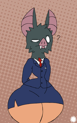 accessory anthro bottomwear business_suit cheek_tuft clothed clothing crossdressing curvy_figure eyelashes facial_tuft fangs femboy halftone_background hands_behind_back head_tuft inner_ear_fluff logo male necktie pattern_background question_mark simple_background skirt small_waist solo suit teeth text thick_thighs tuft wide_hips thatdawgmurray dispatch sonar_(dispatch) bat human hybrid mammal aliasing artist_logo artist_name digital_media_(artwork) halftone hi_res signature