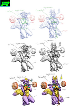 barbell bra breasts clitoris clothing collar exposed female genitals growth muscular muscular_female panties science solo text underwear vulva weights macrowoofhunter mokusei canid canine fox mammal absurd_res colored english_text hi_res sketch