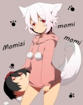 black_hair bottomless clothed clothing duo female hair hat headgear headwear pom_clothing pom_hoodie red_eyes short_hair smile sweater tail tokin_hat topwear white_hair hotto_kan touhou yukkuri_shiteitte_ne aya_shameimaru kimeemaru momiji_inubashiri animal_humanoid canid canid_humanoid canine canine_humanoid canis dog_humanoid domestic_dog humanoid mammal mammal_humanoid hi_res