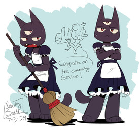3_eyes annoyed anthro barefoot bodily_fluids broom cleaning cleaning_tool clothing crossed_arms dialogue fangs feet holding_broom holding_cleaning_tool holding_object looking_at_viewer maid_uniform multi_eye multiple_poses pose sweat sweatdrop teeth text uniform beauty_snake cult_of_the_lamb massive_monster_(studio) lamb_(cult_of_the_lamb) narinder bovid caprine domestic_cat felid feline felis mammal sheep 2024 absurd_res digital_media_(artwork) english_text hi_res