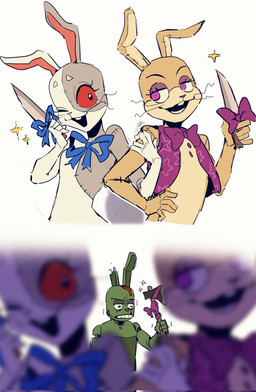 anthro axe bow_tie buckteeth clothed clothing duo entwined_arms female fingers holding_axe holding_knife holding_object humor knife long_ears machine male melee_weapon one_eye_closed open_mouth purple_bow_tie sparkles teeth weapon wink fullbban_g five_nights_at_freddy's five_nights_at_freddy's:_help_wanted five_nights_at_freddy's:_security_breach five_nights_at_freddy's_3 fnaf_vr_help_wanted scottgames steel_wool_studios glitchtrap springtrap_(fnaf) vanny_(fnaf) animatronic lagomorph leporid mammal rabbit robot 2022 digital_media_(artwork) hi_res