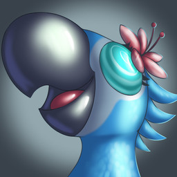 beak blue_body blue_feathers eyelashes feathers female feral flower flower_on_head inflatable latex latex_body open_beak open_mouth permanent_smile pink_flower plant pool_toy ringed_eyes simple_background solo three-quarter_view tongue posexe blue_sky_studios rio_(series) jewel_(rio) avian bird macaw neotropical_parrot parrot spix's_macaw true_parrot 1:1 2025 digital_drawing_(artwork) digital_media_(artwork) headshot_portrait icon low_res portrait shaded soft_shading