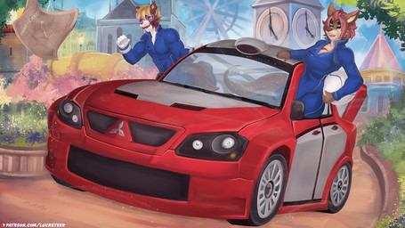 anthro car duo female male vehicle lucreteer mitsubishi mitsubishi_lancer evo rally canid canine canis domestic_dog kangaroo macropod mammal marsupial 16:9 hi_res widescreen