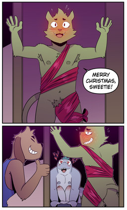 2_penises 5_fingers anthro balls bed blue_clothing blue_shirt blue_topwear blush border brown_body brown_fur clothing cute_fangs dialogue door erection eyes_closed fangs fingers floating_heart floppy_ears front_view fur furniture genitals gesture gift_wrapped glans green_body green_fur green_hair grey_body grey_penis group hair hand_gesture hands_up heart_eyes heart_symbol holiday_message holidays long_ears looking_at_another looking_back male male/male merry_christmas mostly_nude multi_genitalia multi_penis nervous nervous_smile nipples non-mammal_nipples nude on_bed penis pubes red_ribbon shirt smile smiling_at_another speech_bubble spread_arms tail tank_top teeth text thumbs_up topwear trio two_frame_image whiskers white_border t0l0k christmas isaac_(t0l0k) roy_(t0l0k) ted_(t0l0k) aquatic canid canine canis domestic_cat domestic_dog felid feline felis fish mammal shark 2024 absurd_res comic english_text hi_res multiple_scenes