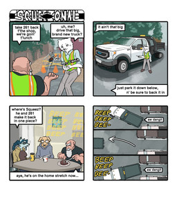 4_panel_comic anthro car catching clothed clothing dialogue duo female fur grey_body grey_fur group inside key male outside parking_lot safety_vest sitting sitting_at_table standing tail tan_body tan_fur text throwing_object topwear trio truck vehicle vest white_body white_fur hieronymusjohnson squeez_(hieronymusjohnson) canid canine canis domestic_dog dwarf humanoid mammal nordic_sled_dog samoyed spitz 2025 aliasing binary_drawing comic digital_drawing_(artwork) digital_media_(artwork) english_text hi_res