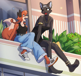 5_toes anklet anthro armlet barefoot biped blush blush_lines bottomwear breasts clothed clothed_anthro clothed_female clothing countershade_torso countershading duo eye_contact eyelashes feet female footwear freckled_face freckled_shoulders freckles front_view fully_clothed fully_clothed_anthro fully_clothed_female fur hair heelpop humanoid_feet jewelry long_eyelashes looking_at_another loose_footwear piercing plantigrade shoe_dangle shoes sitting smile soles tail teeth toes tongue topwear nulia patricia_mac_sionnach tarahe canid canine domestic_cat felid feline felis fox mammal 2025 digital_drawing_(artwork) digital_media_(artwork) hi_res