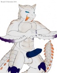 5_fingers blue_eyes claws erection fangs fingers fist_in_palm fur genitals looking_at_viewer male nude penile_spines penis sabertooth_(anatomy) sharp_teeth simple_background solo standing tail teeth white_background white_body white_fur myrmidon_(artist) capcom european_mythology monster_hunter mythology barioth dragon flying_wyvern mythological_creature mythological_scalie pseudowyvern scalie western_dragon wyvern 2010