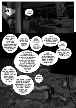 anthro covered_eyes dialogue duo eyewear fullbody_suit gas_mask goggles inside male mask overgrown parking_garage parking_lot peeking_around_corner plant speech_bubble text wire viola_bat victor_johansen viola_bat_(character) bat canid canine fox mammal absurd_res comic english_text hi_res monochrome