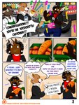 anthro comic_panel dialogue dialogue_box food groceries grocery_store group honeymoon_cruise male speech_bubble surprise surprised_expression trio winner thaismotosuwa menzo bovid canid canine canis caprine domestic_dog goat herding_dog hyena mammal pastoral_dog welsh_corgi 2019 absurd_res comic hi_res