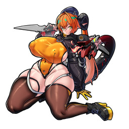 2_horns angry arm_support big_breasts black_clothing black_footwear black_horn black_jacket black_shoes black_tail black_thong black_topwear black_underwear blue_clothing blue_hat blue_headwear breasts breath_powers brown_clothing brown_legwear brown_thigh_highs camel_toe clothing cropped_jacket curled_horn duo elemental_manipulation female fire fire_breathing fire_manipulation footwear glistening glistening_body glistening_clothing glistening_legwear glistening_leotard glistening_skin glistening_thigh_highs gloves green_eyes hair handwear hat headgear headwear high_heels holding_knife holding_object horn huge_breasts humanoid_pointy_ears jacket kneeling knife legwear leotard living_tail long_ears long_hair looking_at_viewer markings mole_(marking) navel_outline nipple_outline not_furry orange_clothing orange_hair orange_leotard orange_pupils pointy_ears pupils red_pupils shoes side_boob simple_background skindentation tail teal_eyes thick_thighs thigh_highs thong topwear twintails_(hairstyle) underwear unusual_anatomy unusual_tail white_background wide_hips yellow_clothing yellow_gloves yellow_handwear yellow_sclera mold_(pixiv6616319) mihoyo zenless_zone_zero magus_(zenless_zone_zero) orphie_magnusson chimera chimera_humanoid horned_humanoid humanoid tailed_humanoid 1:1 2026 3d_(artwork) absurd_res digital_drawing_(artwork) digital_media_(artwork) full-length_portrait hi_res icon mixed_media portrait