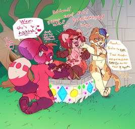 anthro areola balls barefoot bdsm blue_hair blush bondage bound breasts dialogue ear_piercing ear_ring eyebrows eyelashes eyes_closed feet female genitals grass group gynomorph hair intersex jewelry laugh magic markings mischievous_smile multicolored_body necklace necklace_only nipple_piercing nipples nude nudist penis perineum piercing plant plantigrade red_hair restraints ring_piercing rope rope_bondage smile tickle_torture tickling tree tribal tribal_markings trio vines kemotobi maple_(kemotobi) rebecca_(kemotobi) tobiki_(kemotobi) ailurid domestic_cat domestic_ferret felid feline felis mammal mustelid musteline red_panda true_musteline weasel 2019 trans_(lore) trans_woman_(lore)