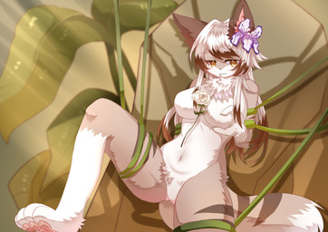 4_toes accessory anthro brown_highlights brown_markings constraint featureless_crotch feet female flower flower_in_hair frocloud fur hair hair_accessory highlights_(coloring) markings navel plant restrained smile smiling_at_viewer solo tan_body tan_fur toes vines white_body white_fur white_hair nico_starlight absurd_res hi_res
