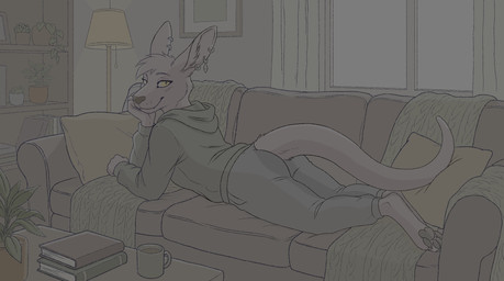 ambiguous_gender anthro bedding blanket book bookshelf bottomwear clothing coffee_table container cup detailed_background ear_piercing feet floor_lamp fur furniture green_clothing green_hoodie green_topwear grey_bottomwear grey_clothing grey_pants hand_on_chin hand_on_face hindpaw hoodie houseplant inside lamp living_room long_ears long_tail looking_at_viewer looking_back lying mug multiple_piercings on_front pants pawpads paws piercing pillow plant plant_pot potted_plant purple_body purple_fur smile smirk solo sweatpants table tail thick_tail topwear window yellow_eyes pluto! riff_(pluto!) kangaroo macropod mammal marsupial colored digital_media_(artwork) hi_res shaded