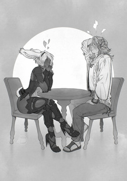 blush clothed clothing duo ears_back female female_humanoid hair heart_symbol long_hair looking_aside male male_humanoid mouth_closed pivoted_ears short_hair side_view sitting azuza animal_humanoid humanoid lagomorph lagomorph_humanoid leporid_humanoid mammal mammal_humanoid rabbit_humanoid 2024 dated hi_res monochrome signature